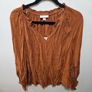 Knox Rose Burnt Orange Flowy Boho Gauzy Boho Office Lightweight Blouse Large